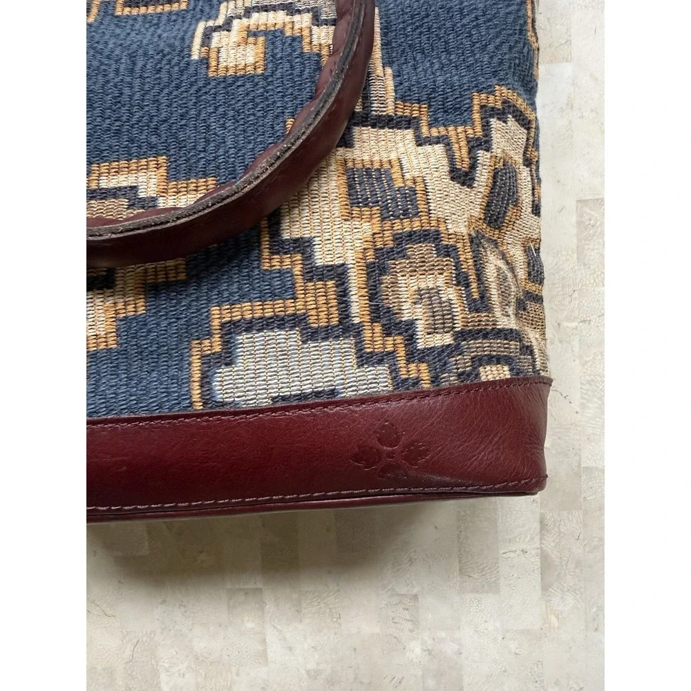 Patricia Nash Peruvian Tapestry Sungaro Tote Blue Tan Leather Brass Boho Tribal - Picture 2 of 16